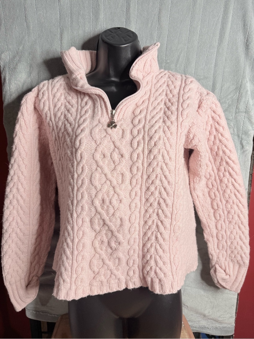 Aran Crafts 100% Merino Wool Cozy Cable Knit Half-Zip Sweater - Light Pink
